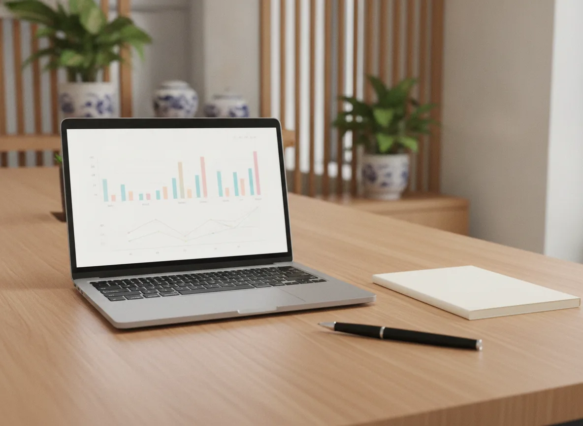 Góc làm việc sạch sẽ với laptop hiển thị biểu đồ trừu tượng, minh họa việc phân tích dữ liệu để vận hành chuỗi Spa tối ưu.