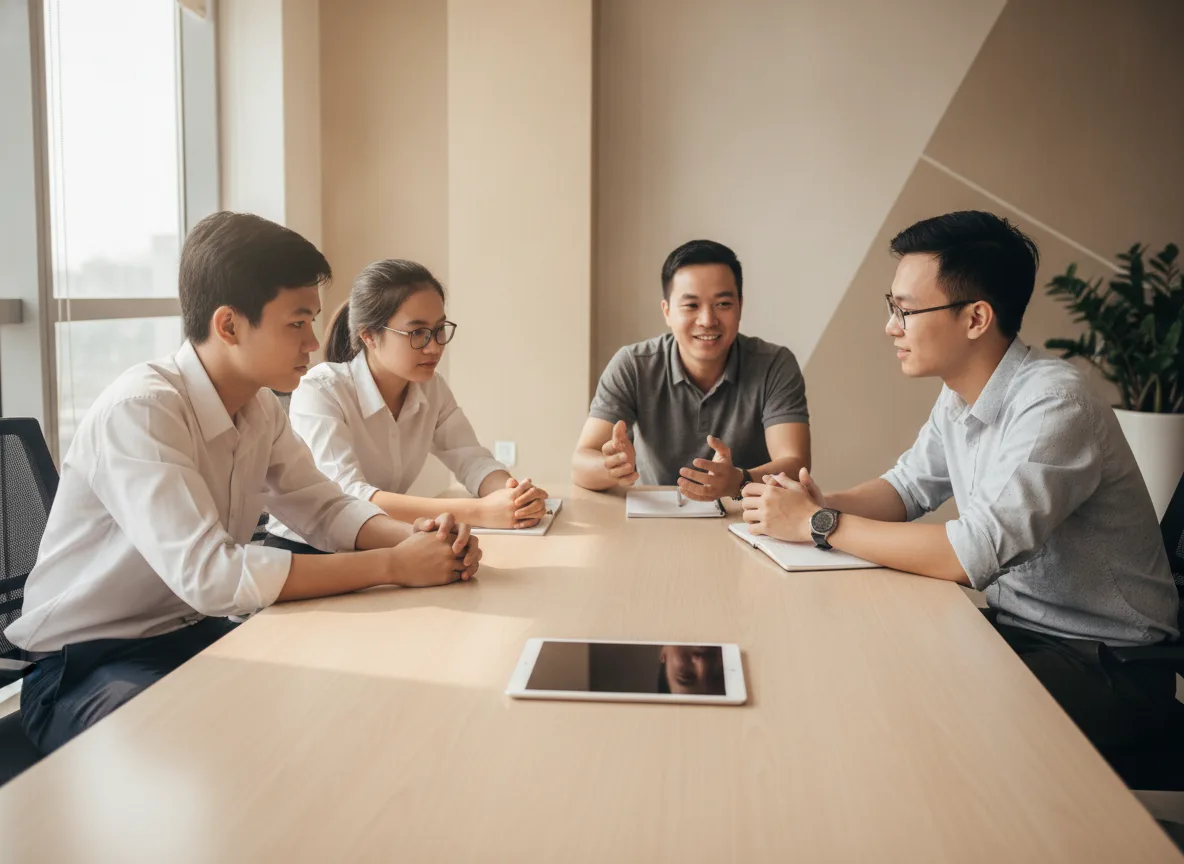 Buổi thảo luận nhóm chia sẻ về cách viết case study thu hút học viên tại văn phòng Việt Nam.