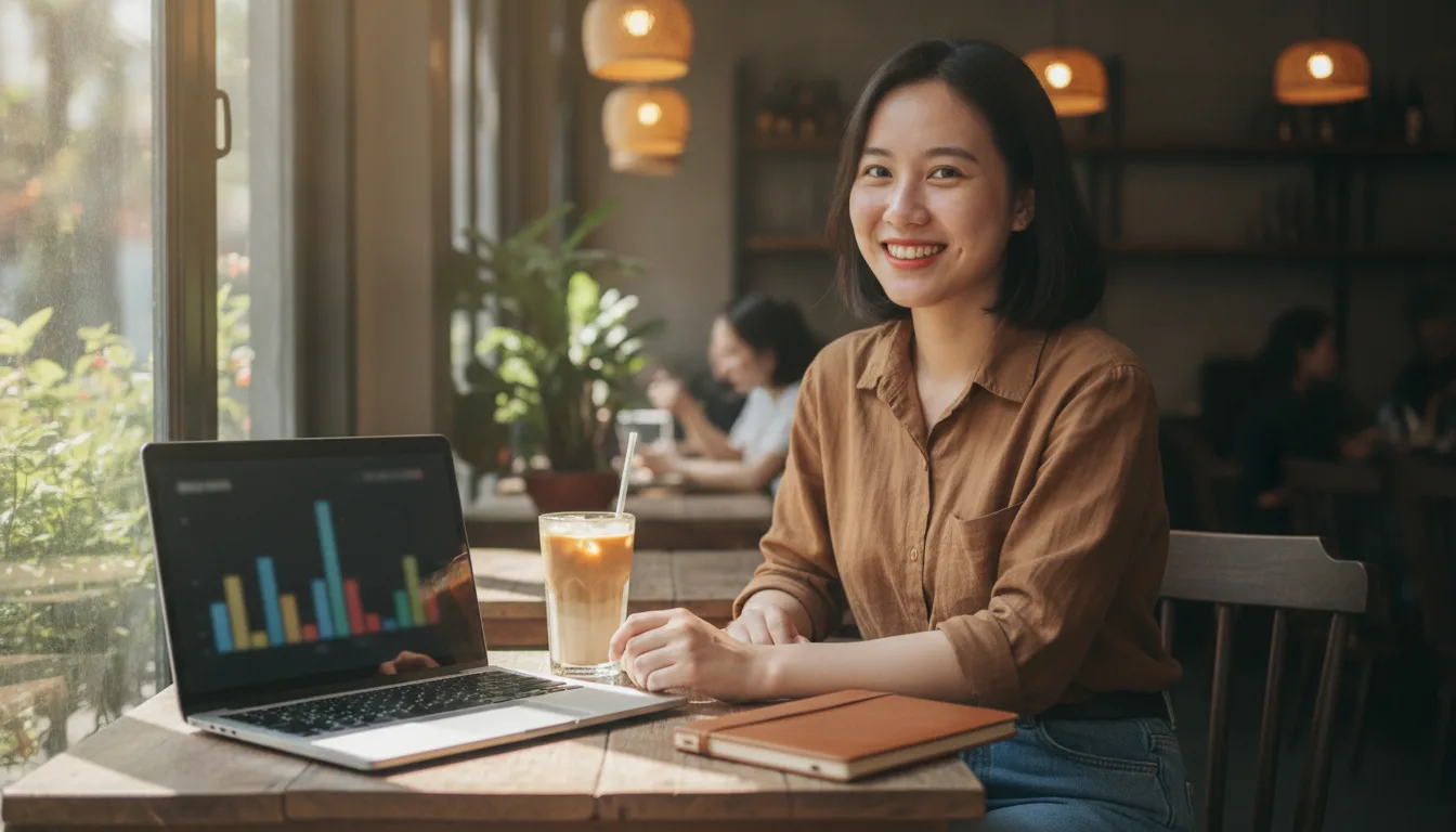 Nữ giảng viên rạng rỡ chuẩn bị nội dung với cách viết case study thu hút học viên tại quán cafe Việt Nam.