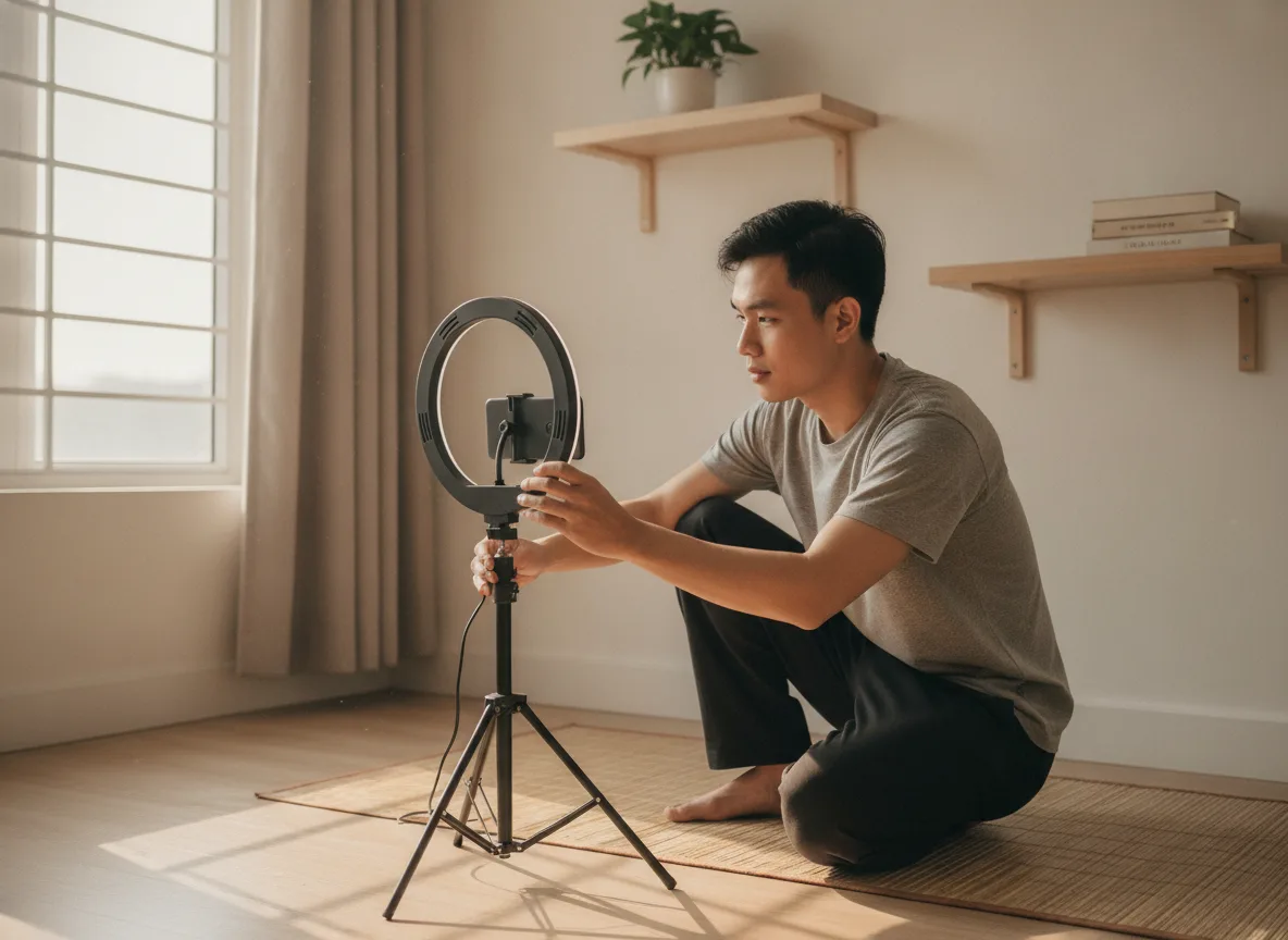 Nhà sáng tạo nội dung Việt Nam chuẩn bị thiết bị để chia sẻ cách viết case study thu hút học viên qua video.