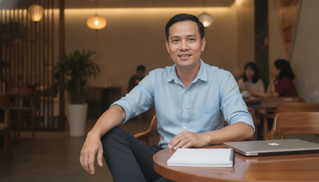 Một doanh nhân người Việt tự tin nhìn thẳng vào ống kính trong quán cà phê hiện đại, không gian sạch đẹp không chữ. Đây là lời mời gọi hành động cho Chăm sóc Lead AI cho Spa.