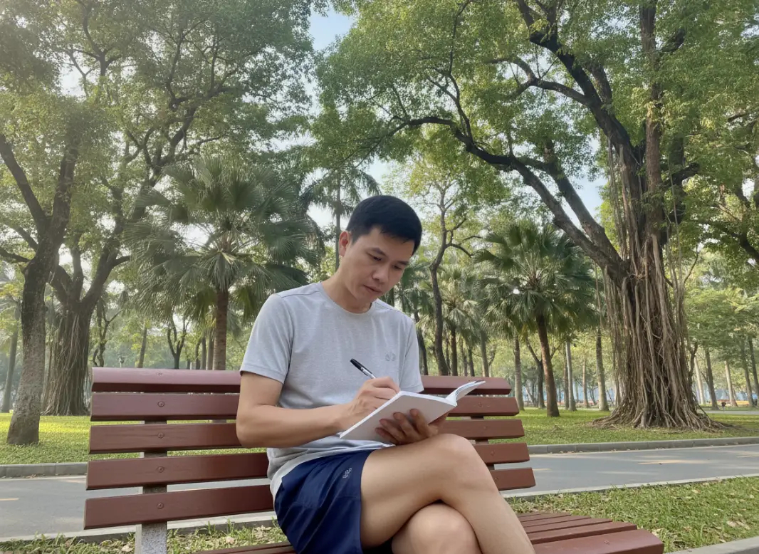 Một người Việt đang ghi chú vào sổ tay trắng không chữ trong khi nghỉ ngơi tại công viên xanh mát. Hình ảnh tượng trưng cho kỷ luật trong Chăm sóc Lead AI cho Spa.