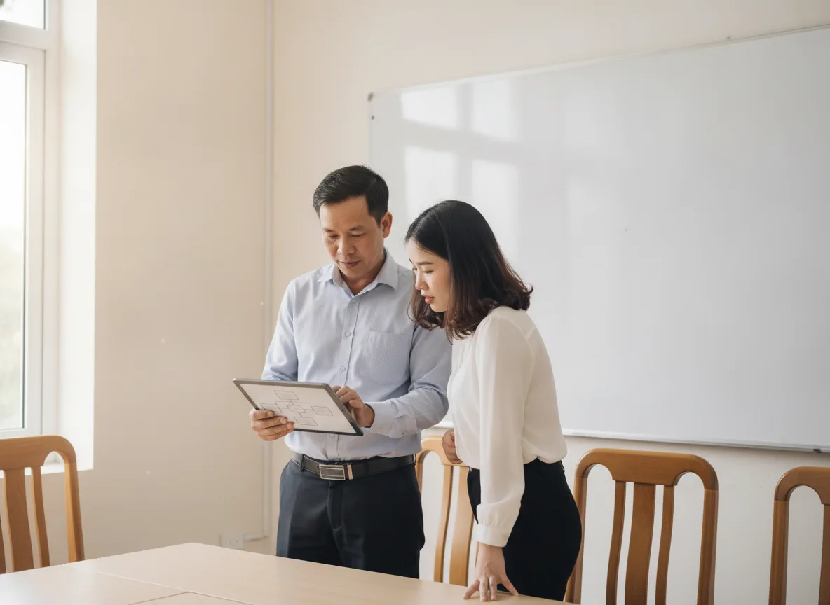 Hai nhân viên người Việt đang trao đổi tập trung trong phòng họp đơn giản, màn hình máy tính bảng mờ không chữ. Đây là ví dụ về Chăm sóc Lead AI cho Spa trong môi trường làm việc thực tế.
