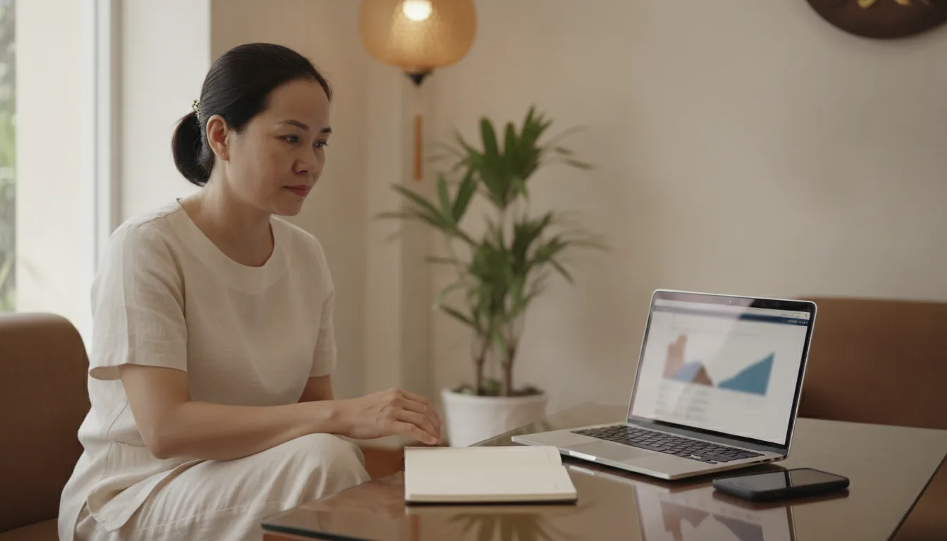 Một chủ spa người Việt đang nhìn vào laptop không chữ trong không gian tiếp tân sạch sẽ, ấm cúng. Hình ảnh này minh họa việc Chăm sóc Lead AI cho Spa một cách chuyên nghiệp.
