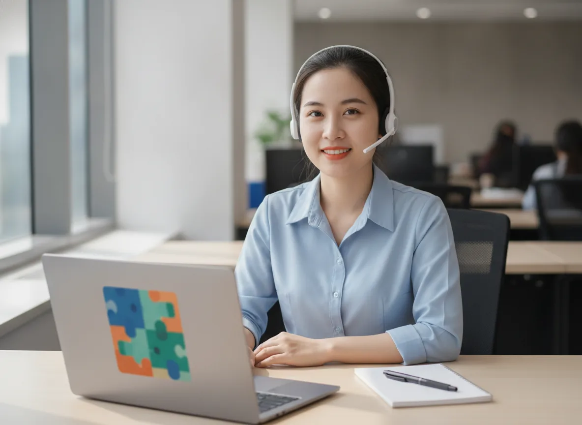 Một nữ nhân viên chăm sóc khách hàng người Việt đang tập trung nói chuyện qua tai nghe tại bàn làm việc không chữ. Hình ảnh này đại diện cho sự tận tâm khi Chăm sóc Lead AI cho Spa.