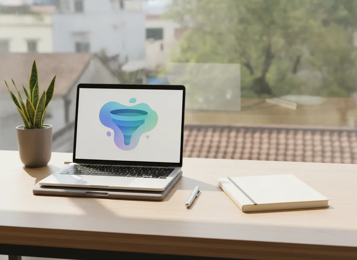 Bàn làm việc gọn gàng tại văn phòng Việt Nam với laptop hiển thị biểu đồ phễu trừu tượng, không chữ. Đây là hình ảnh đại diện cho việc Chăm sóc Lead AI cho Spa hiệu quả.