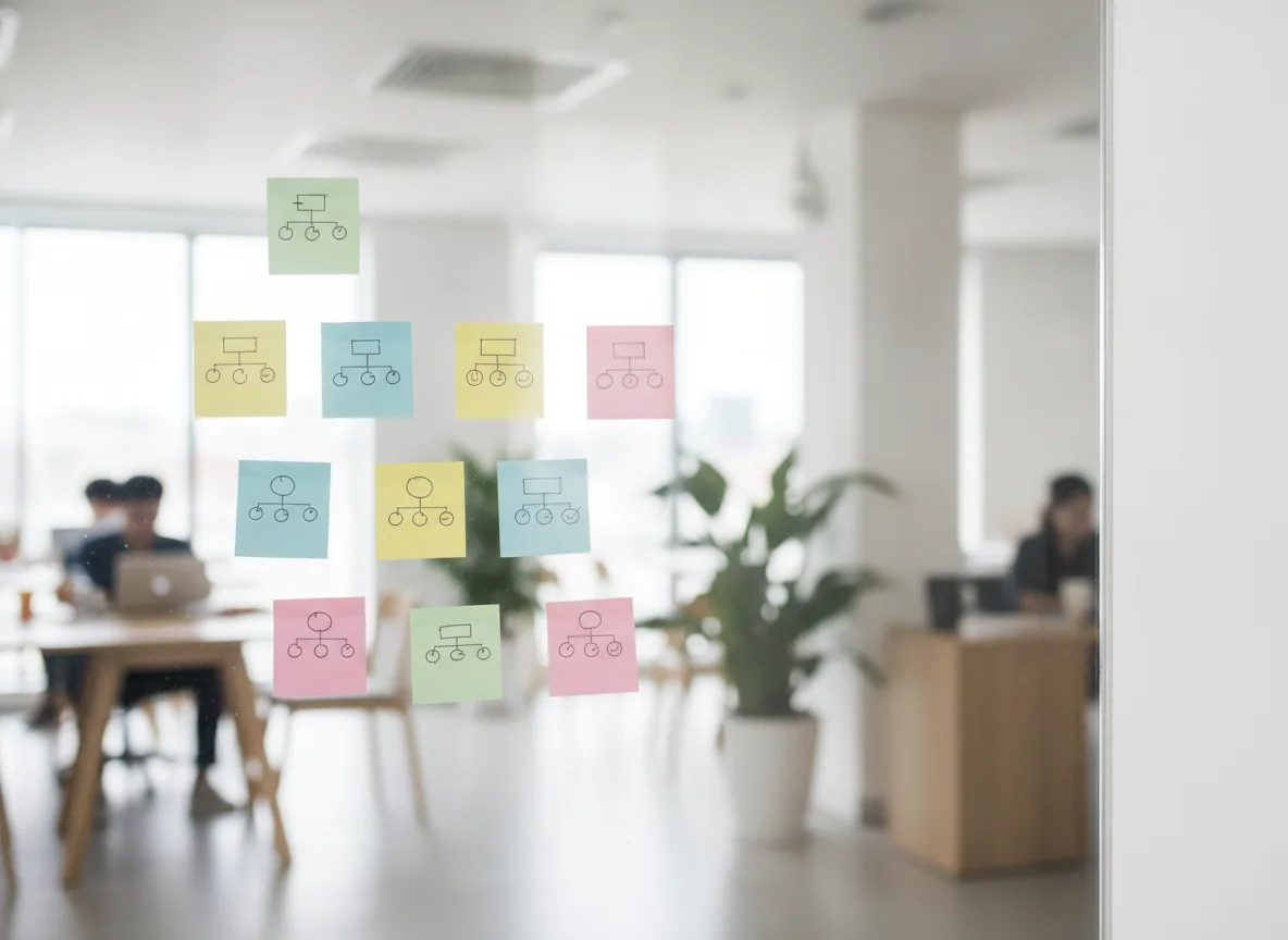 A glass whiteboard in a Saigon office showing a conceptual diagram of a Pillar Cluster Spa structure.