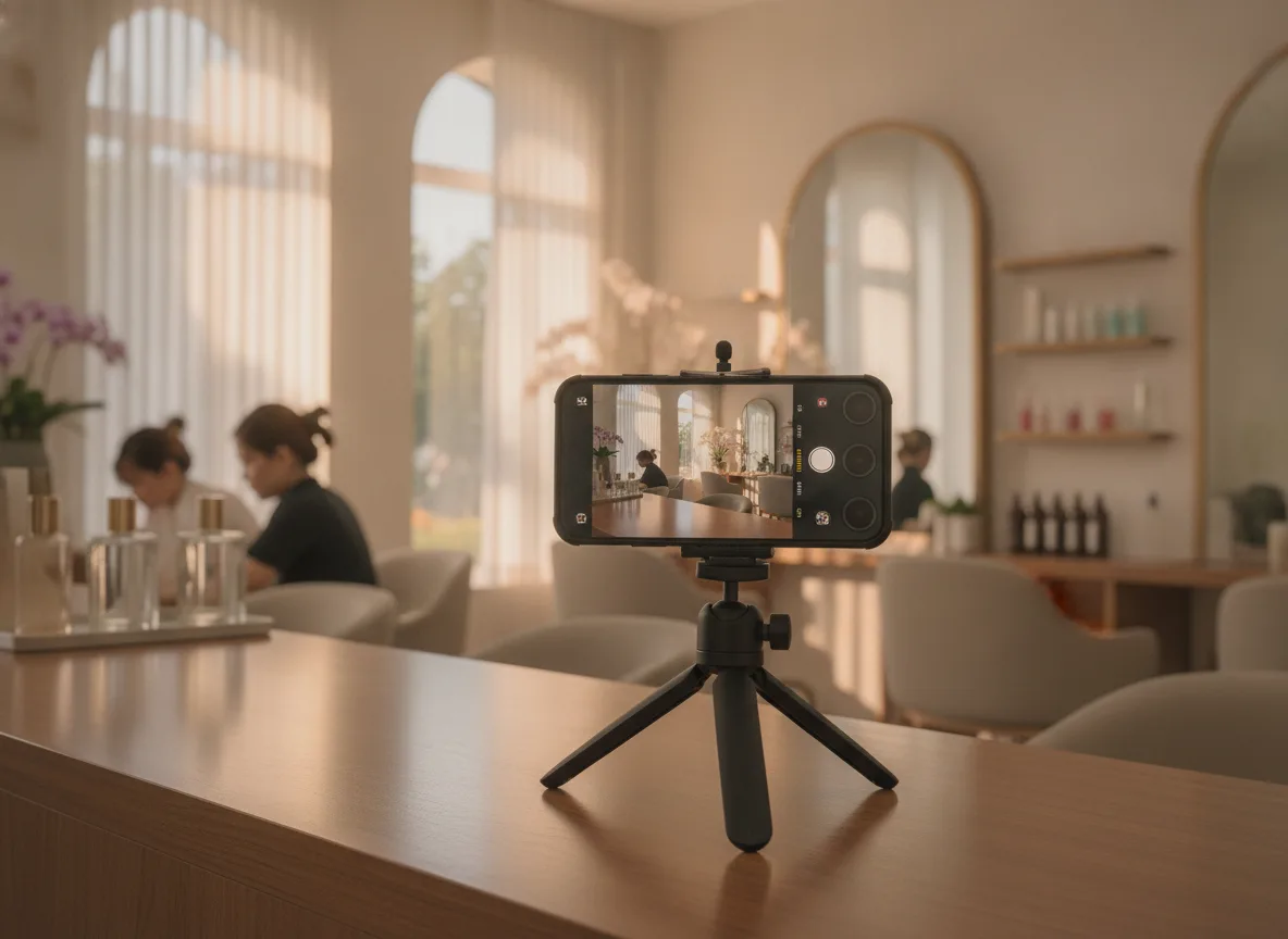 A camera setup in a beautiful Vietnamese salon ready to shoot content for the Pillar Cluster Spa strategy.