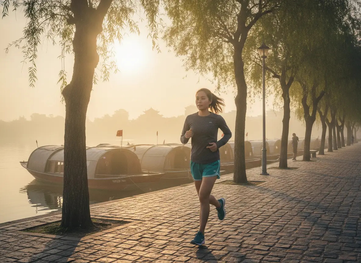 A Vietnamese woman jogging at sunrise in Hanoi, symbolizing the consistency required to execute a Pillar Cluster Spa campaign.