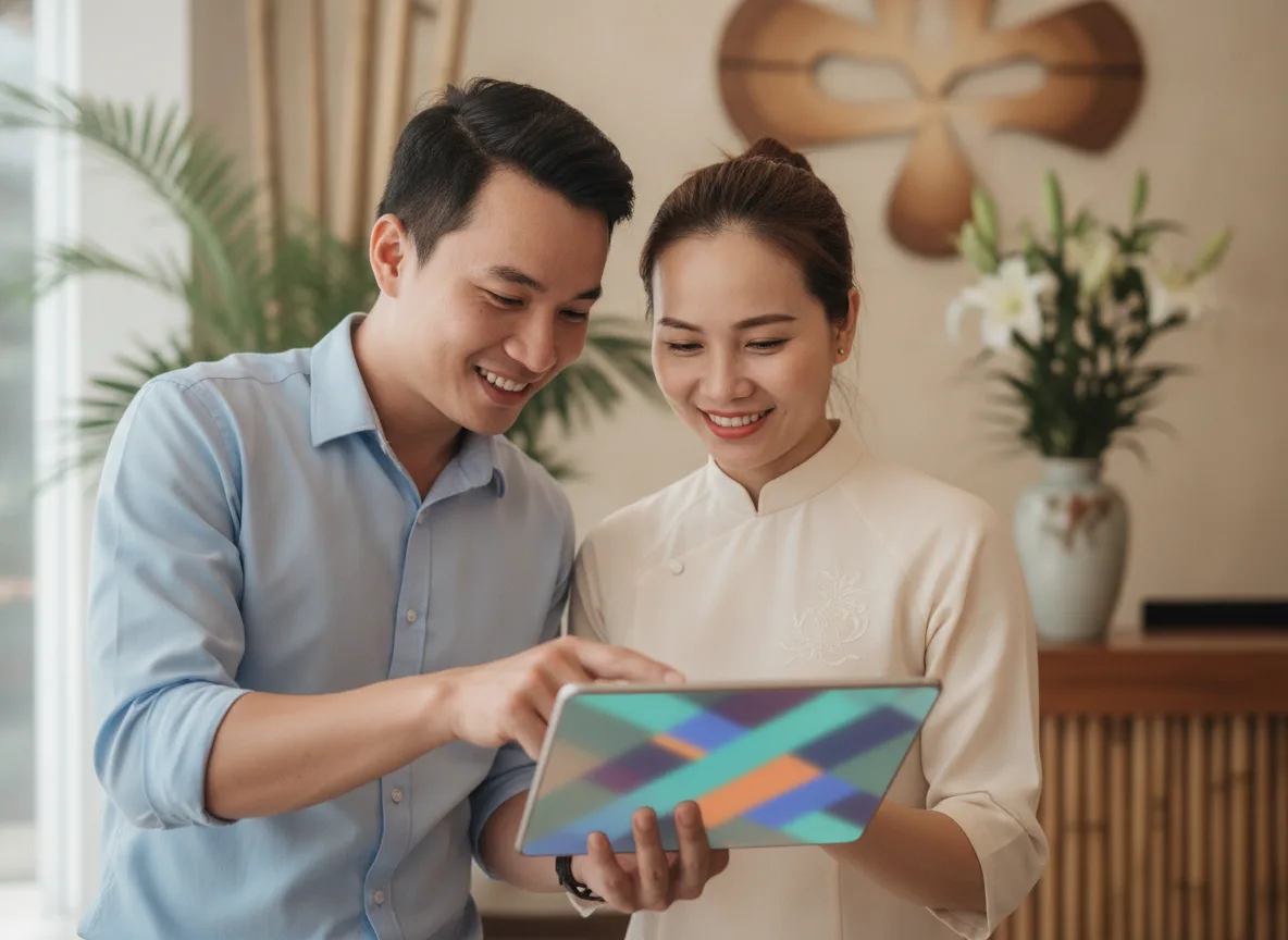 A digital marketing consultation in a Hanoi beauty salon focusing on implementing a Pillar Cluster Spa model.