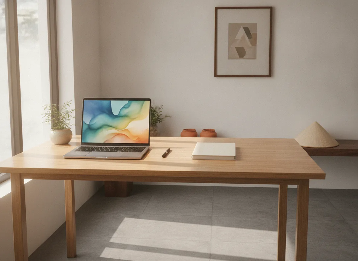 Một không gian văn phòng Việt Nam sạch đẹp, gọn gàng với laptop hiển thị đồ họa mờ và sổ tay trắng tinh, một chủ spa thành KOL khu vực đang chuẩn bị làm việc.