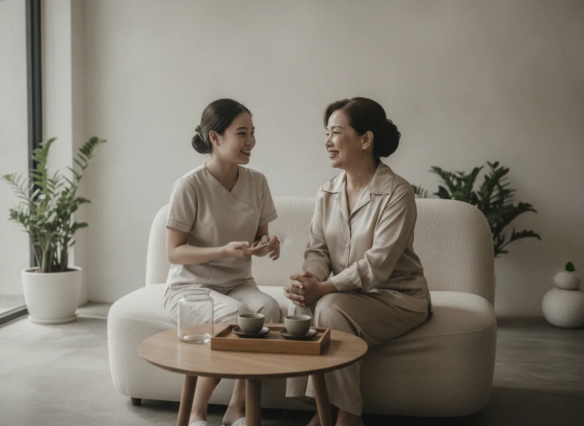 Nhân viên spa tư vấn tận tình cho khách hàng lớn tuổi nhờ thông tin lưu trữ trên CRM cho chủ Spa