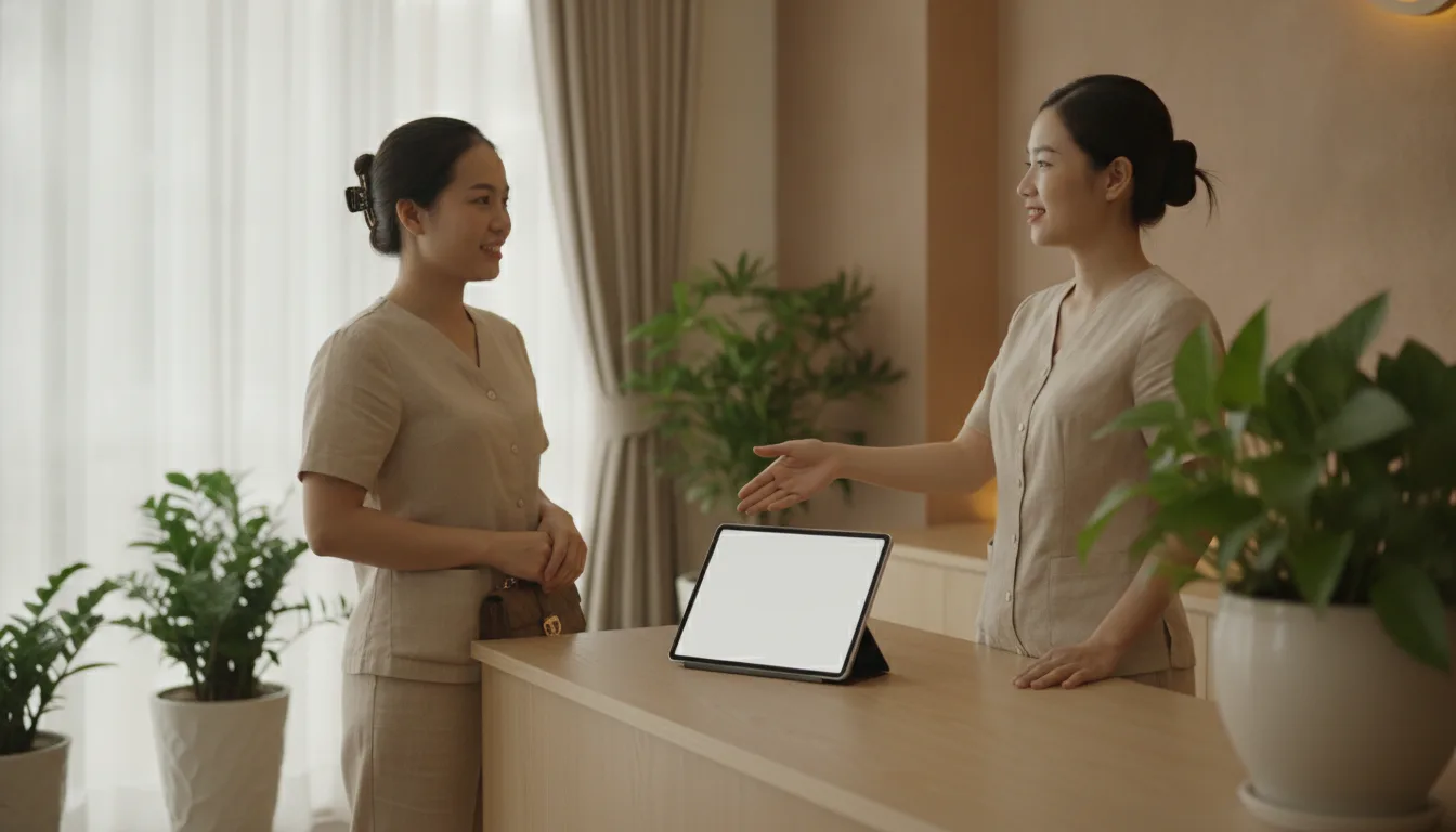 Chủ spa đón tiếp khách hàng thân thiết tại quầy lễ tân trang nhã sử dụng CRM cho chủ Spa