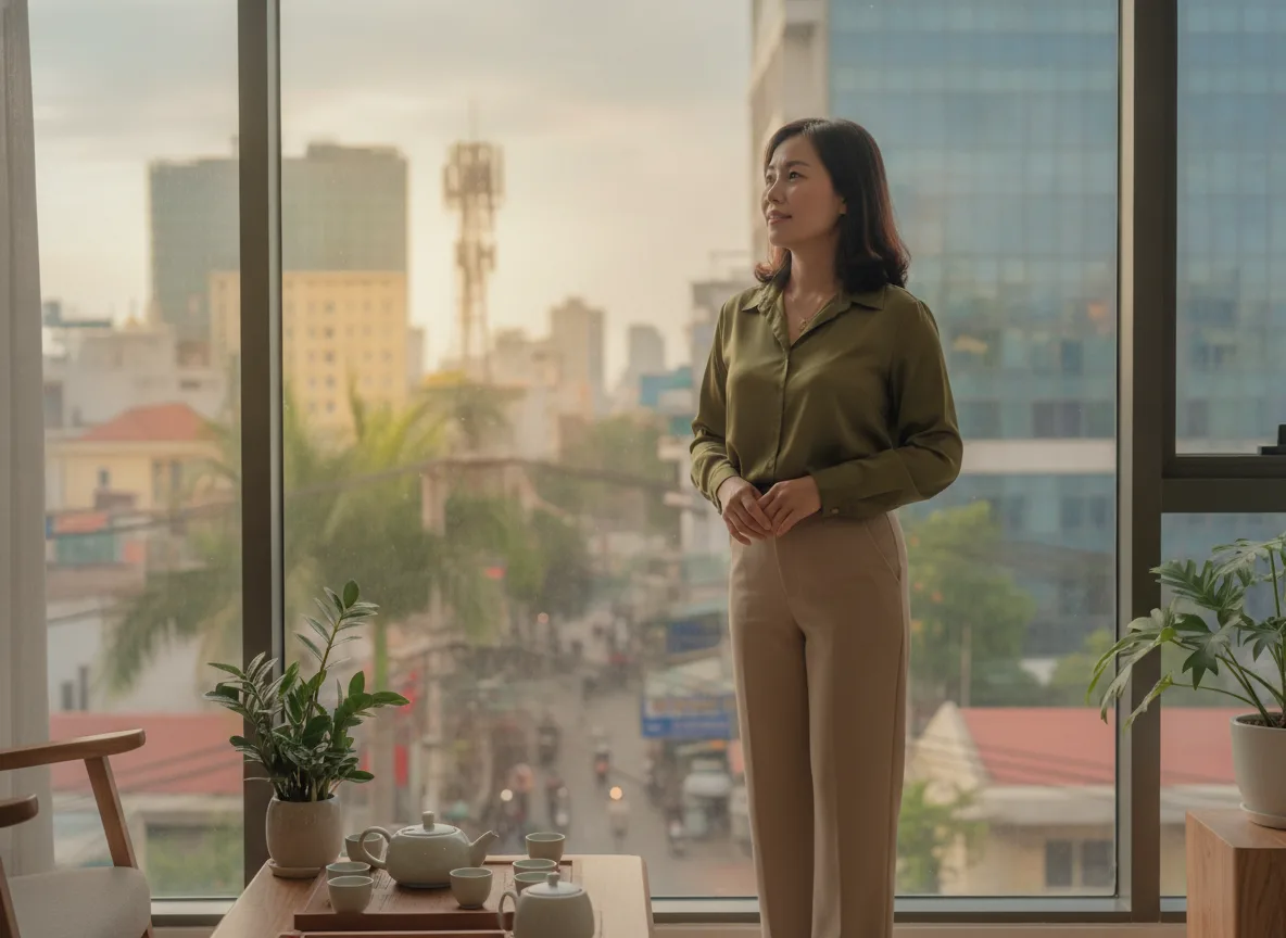 Người phụ nữ Việt Nam nhìn ra thành phố, tượng trưng cho tầm nhìn xa khi áp dụng Customer Avatar AI cho Spa để đạt được thành công bền vững.