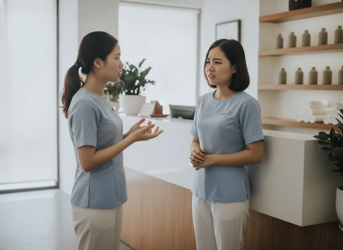 Hai nhân viên spa Việt Nam đang trao đổi về khó khăn trong việc hiểu khách hàng, bối cảnh spa sạch sẽ không chữ với ánh sáng tự nhiên.