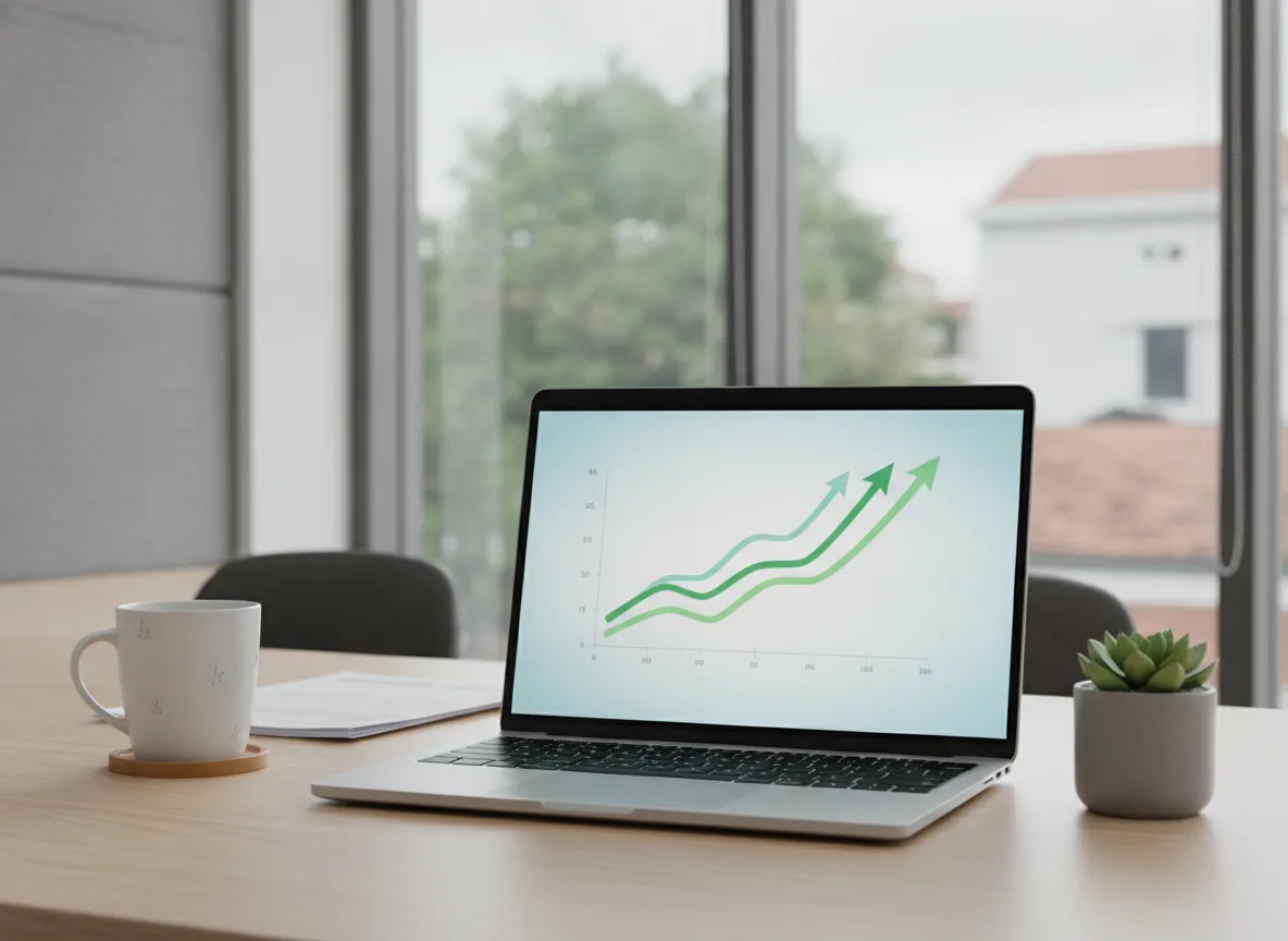Màn hình laptop hiển thị đồ thị tăng trưởng không chữ minh họa case study vận hành spa bằng dữ liệu thành công.