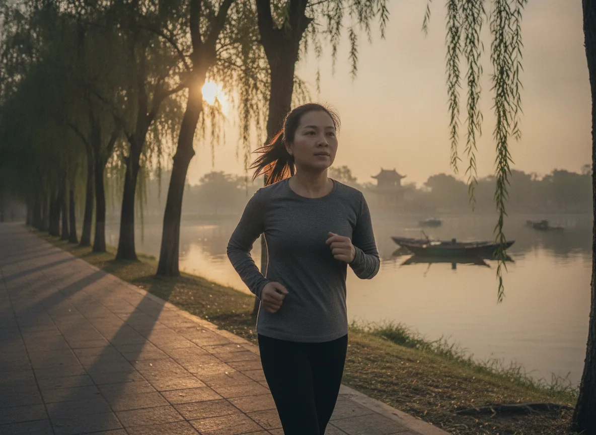 Nữ quản lý chạy bộ rèn luyện sức khỏe tại công viên thể hiện kỷ luật vận hành spa bằng dữ liệu kiên trì.
