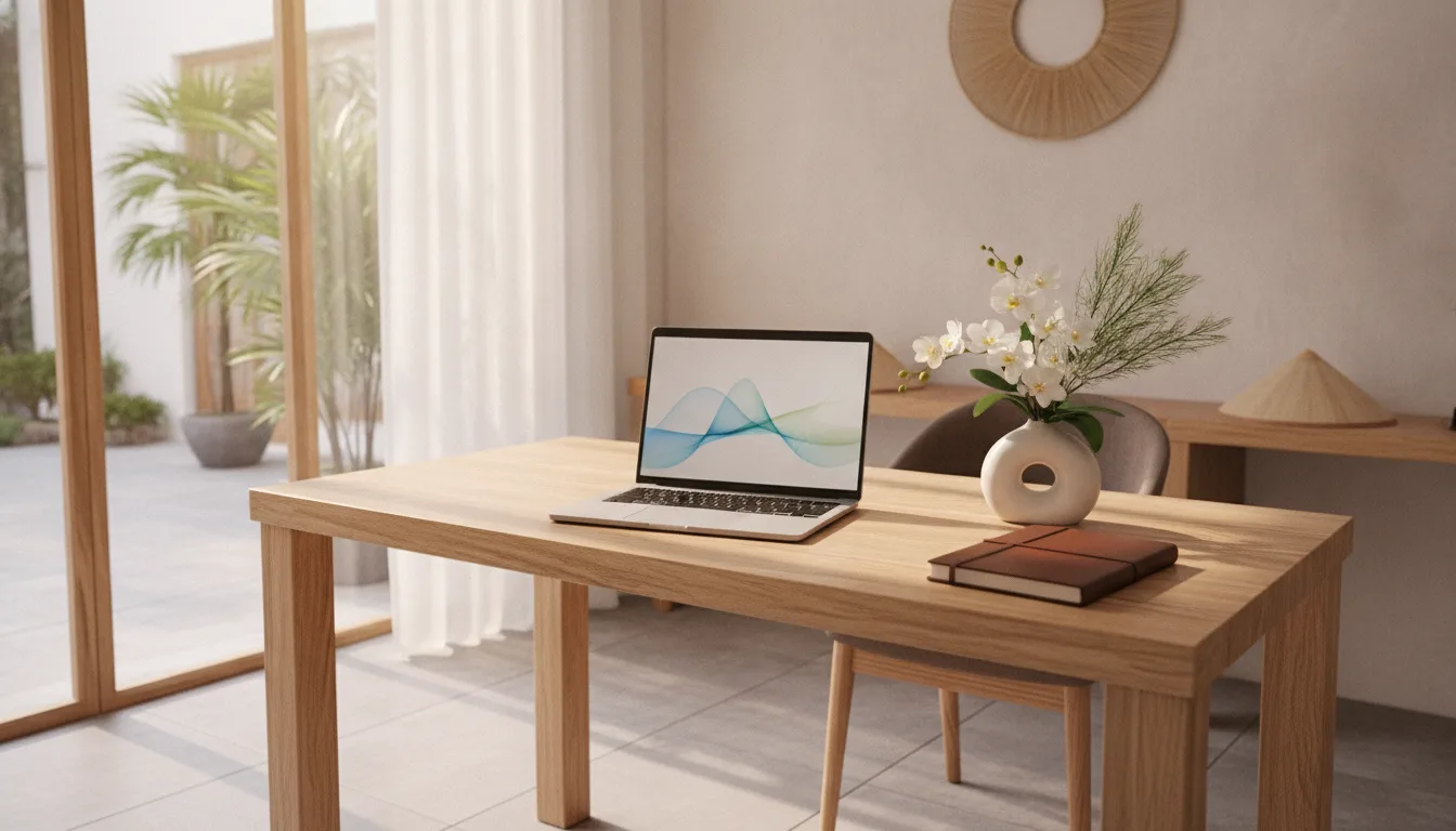 Góc làm việc hiện đại tại spa Việt Nam với laptop mở sẵn hỗ trợ vận hành spa bằng dữ liệu chuyên nghiệp.