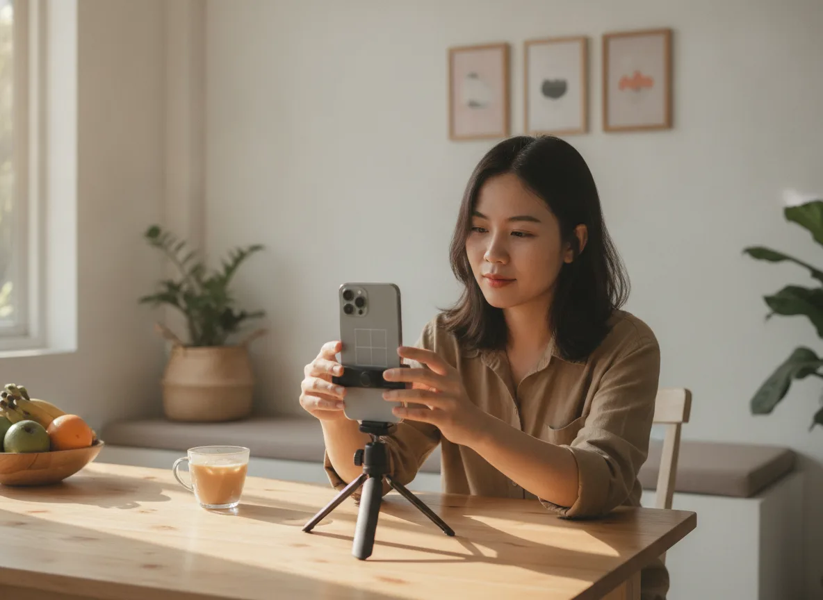 Nhà sáng tạo nội dung Việt Nam đang chuẩn bị thiết bị quay video chia sẻ educational content cho spa.