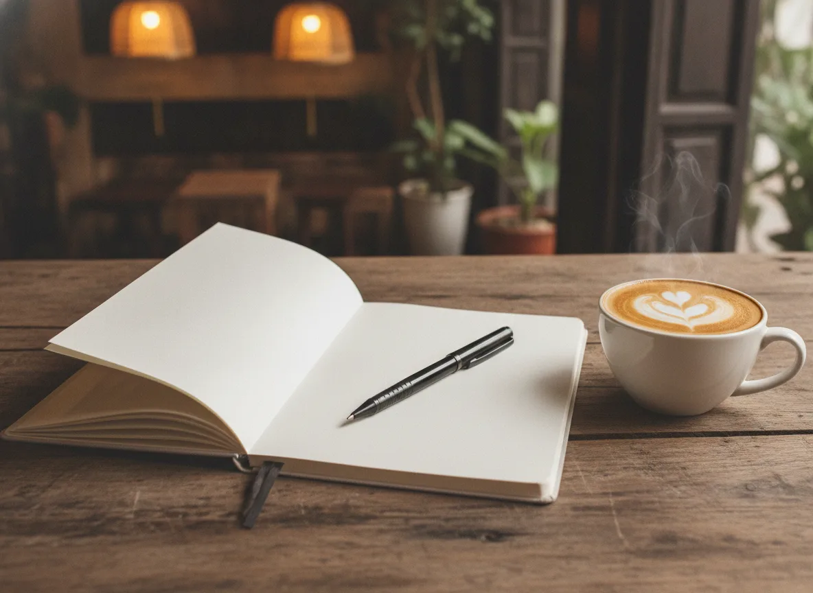 Sổ tay lập kế hoạch trống sạch sẽ, sẵn sàng ghi chép ý tưởng educational content cho spa đột phá.