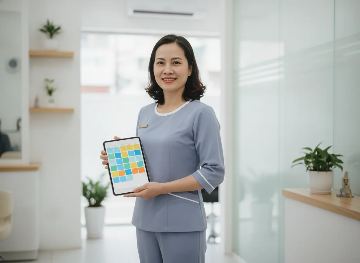 Một chủ tiệm spa Việt Nam hài lòng kiểm tra lịch hẹn trên máy tính bảng, minh chứng hiệu quả của hệ thống đặt lịch tự động.