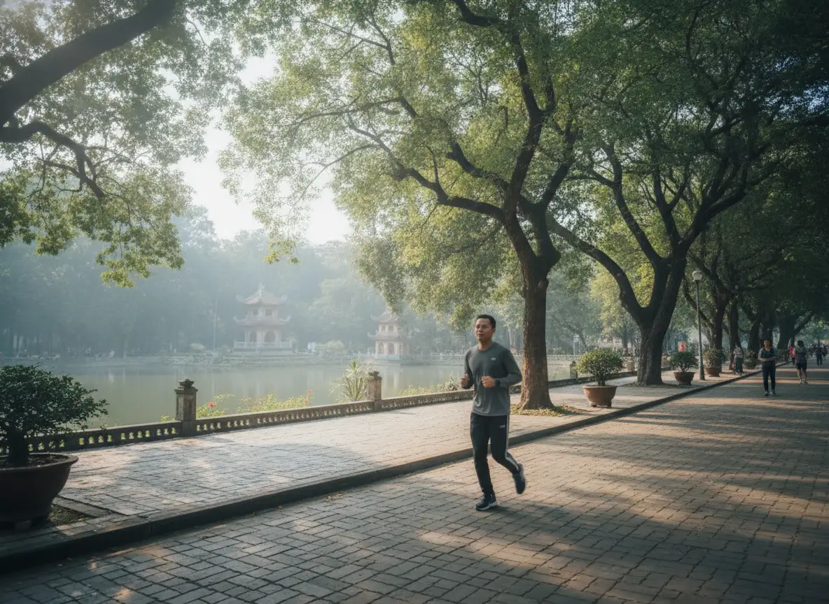 Người Việt Nam chạy bộ tại công viên vào buổi sáng sớm, biểu tượng cho sự kỷ luật và hiệu quả mà hệ thống đặt lịch tự động mang lại.
