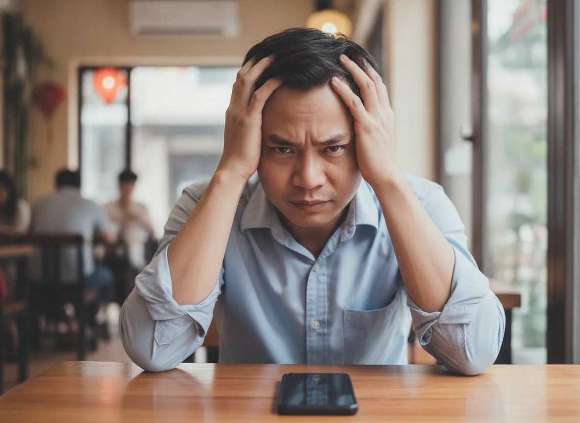 Một người đàn ông Việt Nam tại quán cà phê đang biểu cảm căng thẳng, tượng trưng cho những khó khăn trước khi có hệ thống đặt lịch tự động.