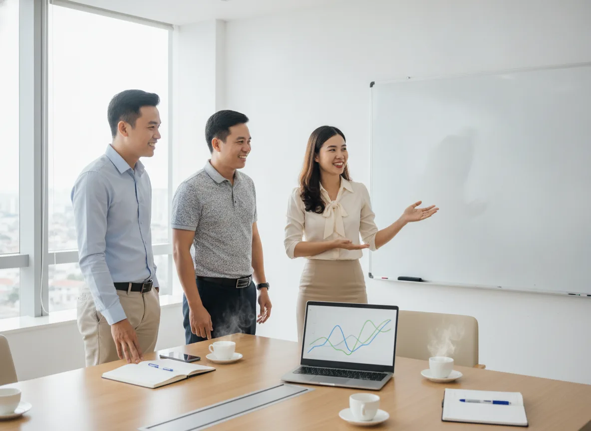 Nhóm chuyên gia Việt Nam thảo luận tích cực trong phòng họp, minh họa lợi ích doanh thu từ một hệ thống đặt lịch tự động hiệu quả.