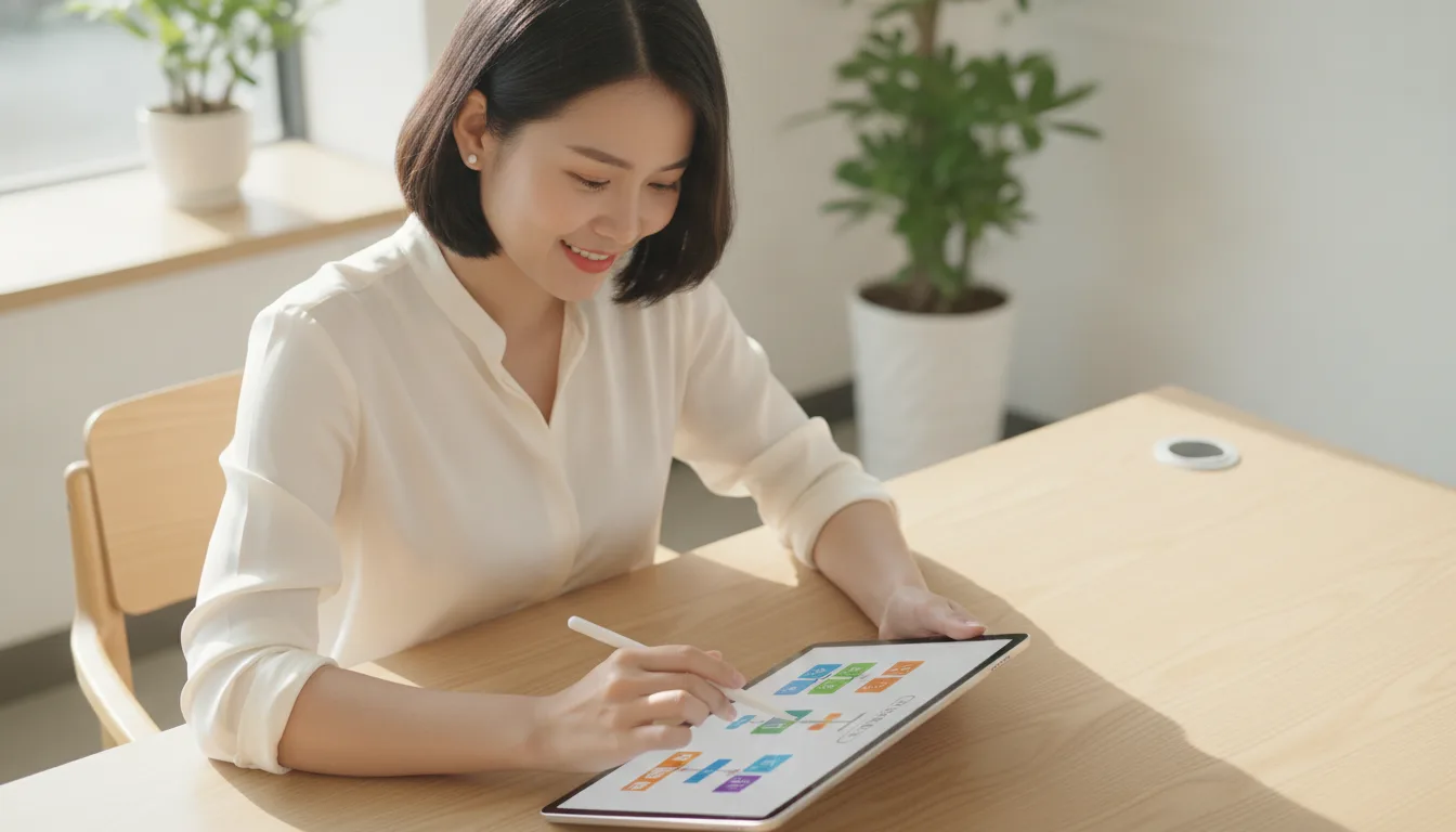 Hình ảnh một phụ nữ Việt Nam chuyên nghiệp đang xem lịch trên máy tính bảng, thể hiện sự tiện lợi của hệ thống đặt lịch tự động trong môi trường văn phòng sạch sẽ.