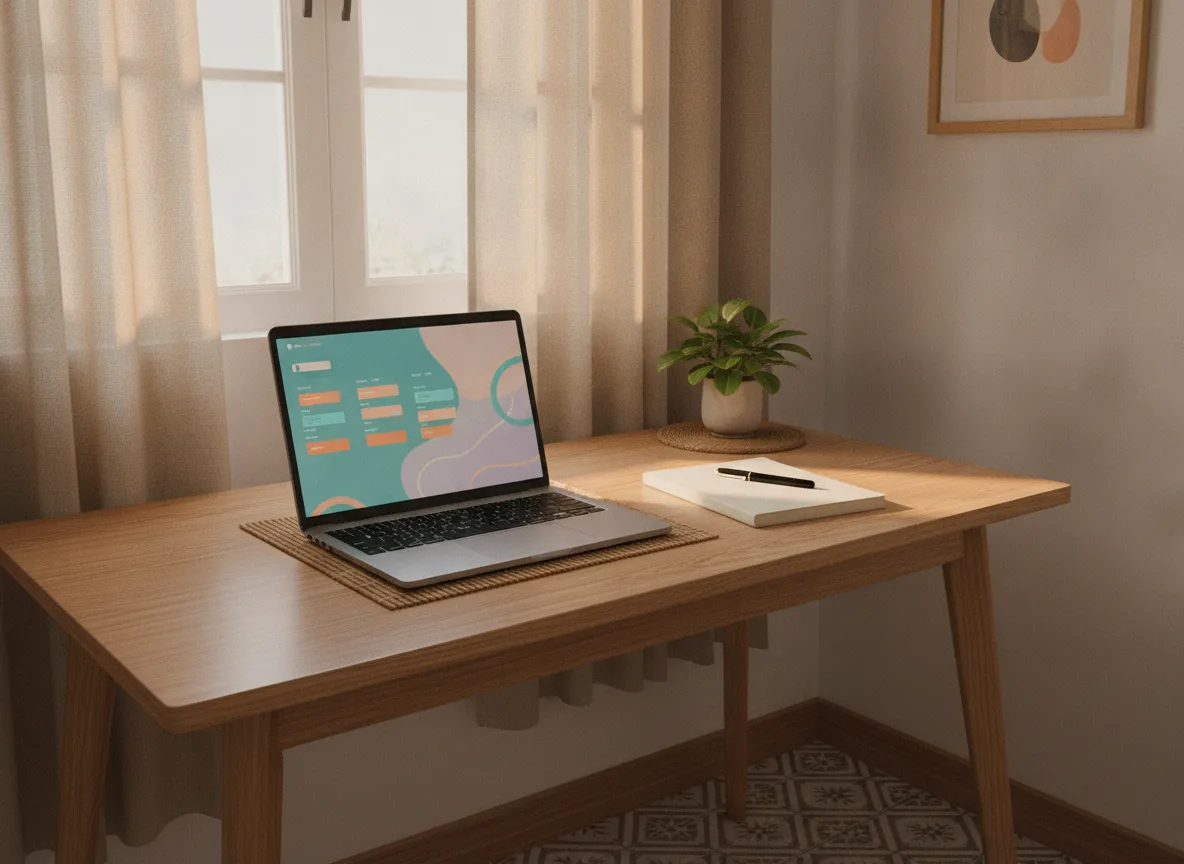 Bàn làm việc tại nhà ở Việt Nam với laptop hiển thị giao diện lịch trình trừu tượng, minh họa một hệ thống đặt lịch tự động hiệu quả.