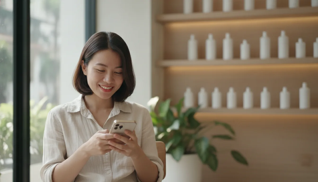 Chủ spa Việt Nam mỉm cười rạng rỡ khi tối ưu thành công chiến dịch SEO Local Spa trên điện thoại.