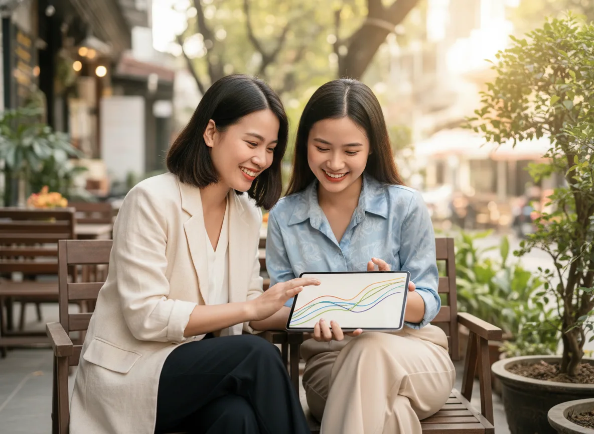 Hai chủ doanh nghiệp Việt Nam vui mừng thảo luận về số liệu tăng trưởng vượt bậc từ hệ thống Zalo OA Spa