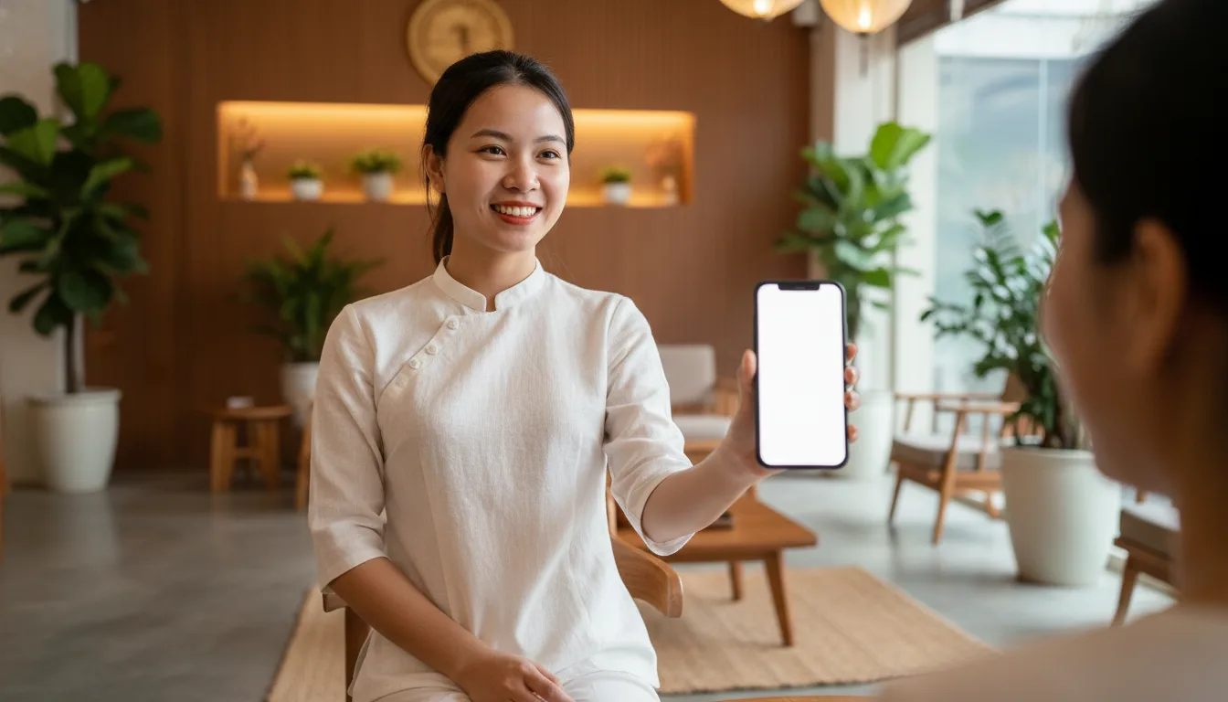 Bên trong một spa Việt Nam ấm cúng nơi người quản lý hướng dẫn khách hàng đăng ký Zalo OA Spa trên điện thoại