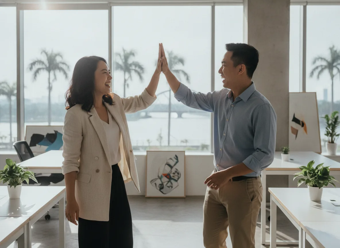 Hai đối tác Việt Nam ăn mừng sự thành công của chiến dịch sử dụng AI Script Consulting.