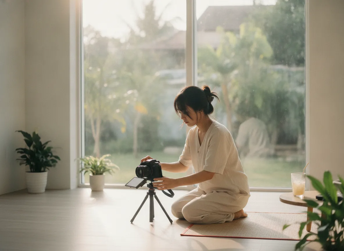 Nhà sáng tạo nội dung Việt Nam chuẩn bị thiết bị quay video ứng dụng AI Script Consulting.