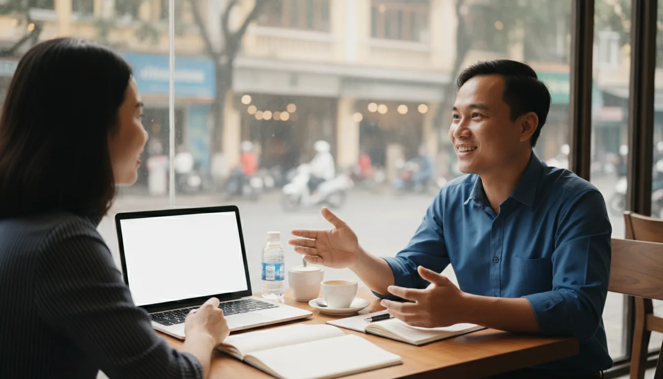 Buổi tư vấn trực tiếp giải pháp AI Script Consulting tại quán cafe sang trọng ở Việt Nam.