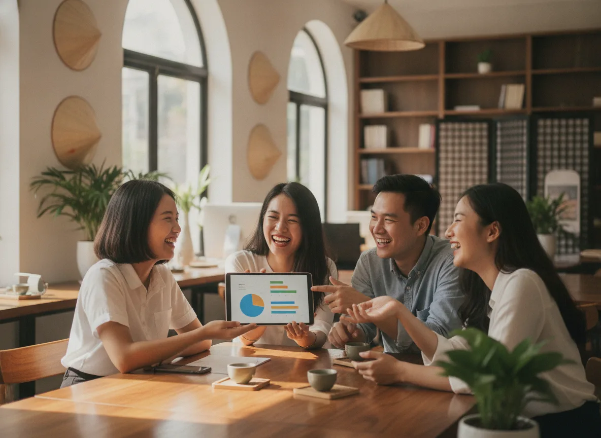 Đội ngũ nhân sự Việt Nam hào hứng thảo luận về hiệu quả của kịch bản Messaging AI Sales trên máy tính bảng.