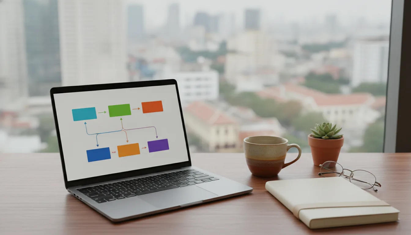 Giao diện quy trình kịch bản Messaging AI Sales trực quan trên màn hình laptop tại văn phòng làm việc ở Việt Nam.