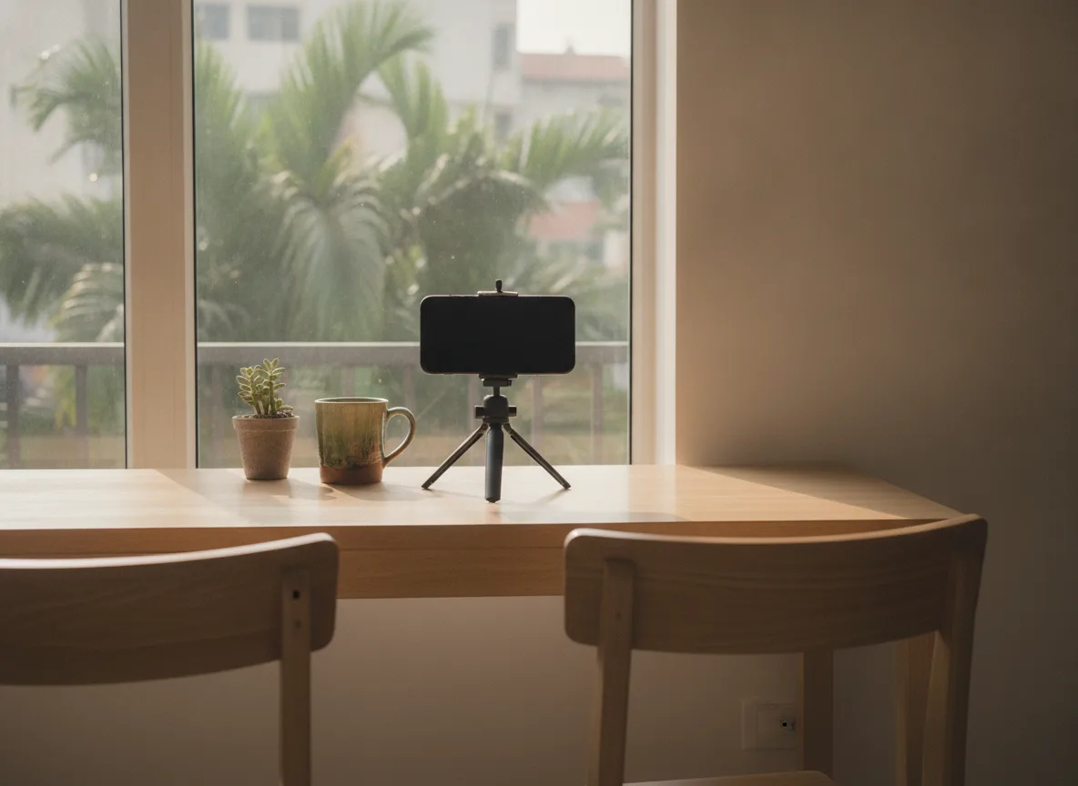 A minimalist mobile recording setup in a Vietnamese home, embodying the active discipline of Spa Owner Psychology.