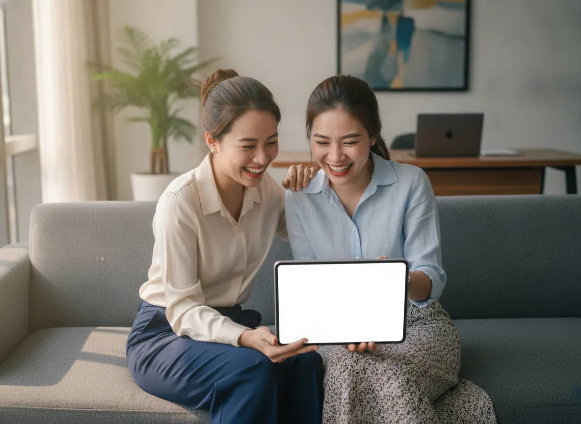 Two smiling Vietnamese business partners collaborating, showcasing a positive shift in Spa Owner Psychology towards digital tools.