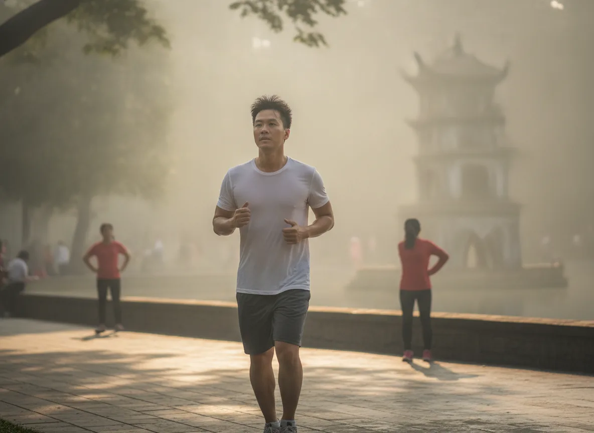 A Vietnamese creator jogging at dawn, symbolizing the discipline required to master Spa Owner Psychology.