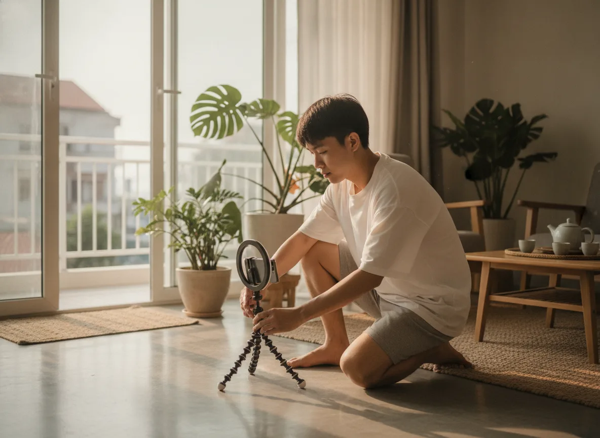Người sáng tạo nội dung chuẩn bị máy ảnh để chia sẻ nghệ thuật kể chuyện feedback chân thực