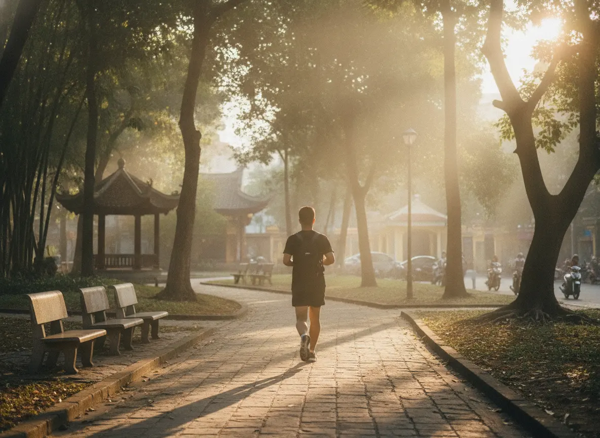 Một người Việt Nam đang chạy bộ vào buổi sáng trong công viên, biểu trưng cho sự thành công bền vững với AI Upsell Spa.