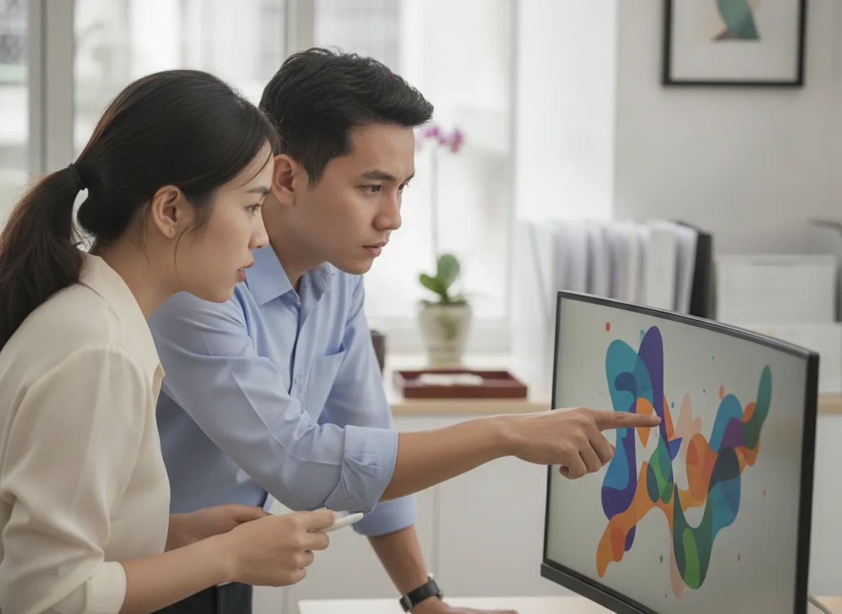 Hai chuyên viên Việt Nam đang phân tích biểu đồ dữ liệu phức tạp trên màn hình, tượng trưng cho quá trình AI Upsell Spa.