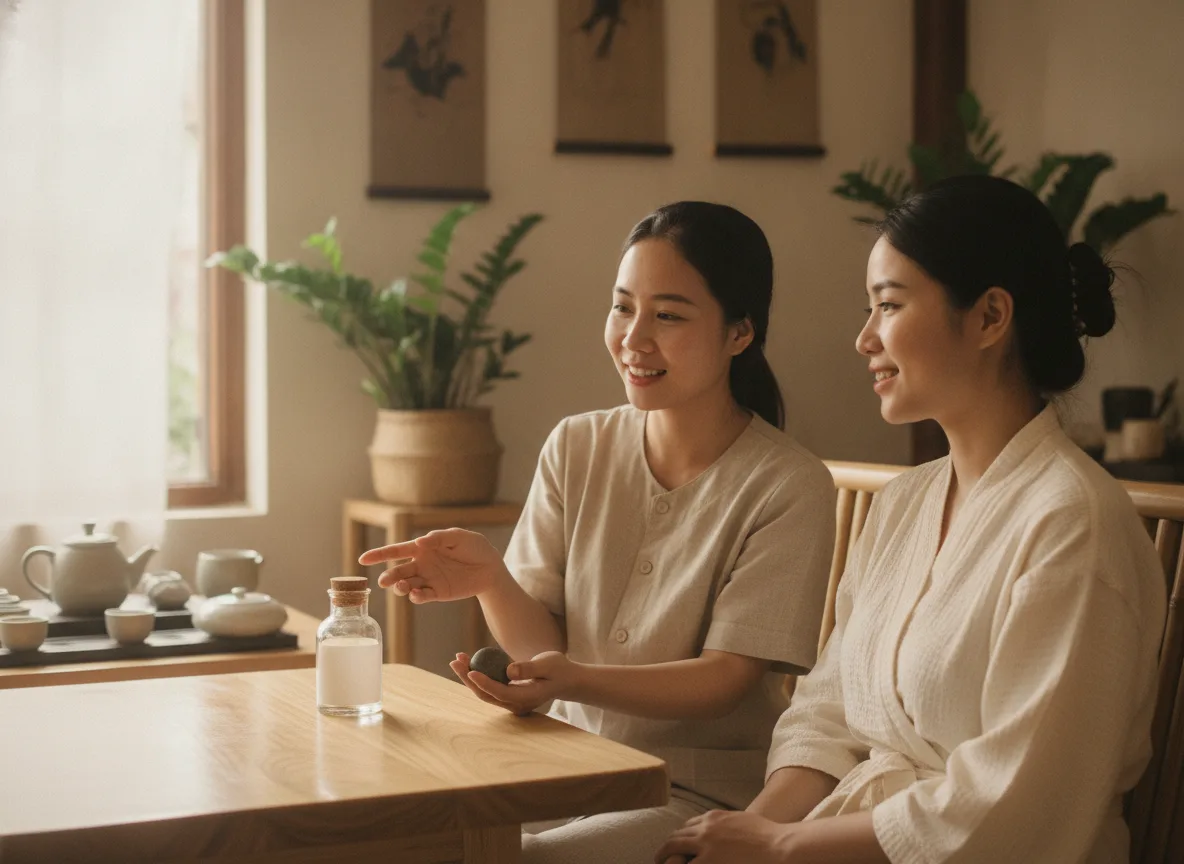 Chuyên viên spa tư vấn cho khách hàng về một sản phẩm không nhãn mác, minh họa cho việc cá nhân hóa đề xuất AI Upsell Spa.