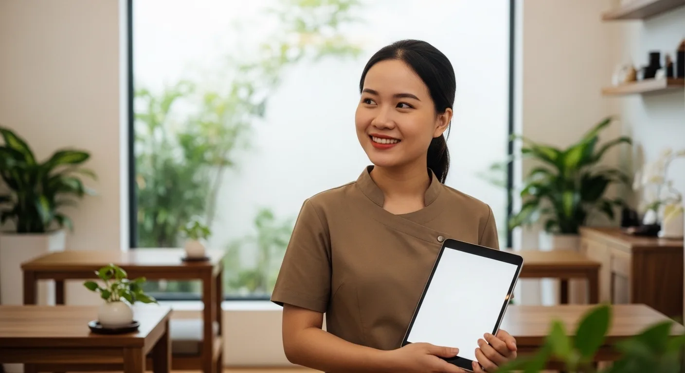 Nữ quản lý spa Việt Nam đang ứng dụng công nghệ AI Upsell Spa trên máy tính bảng với giao diện trống không chữ.