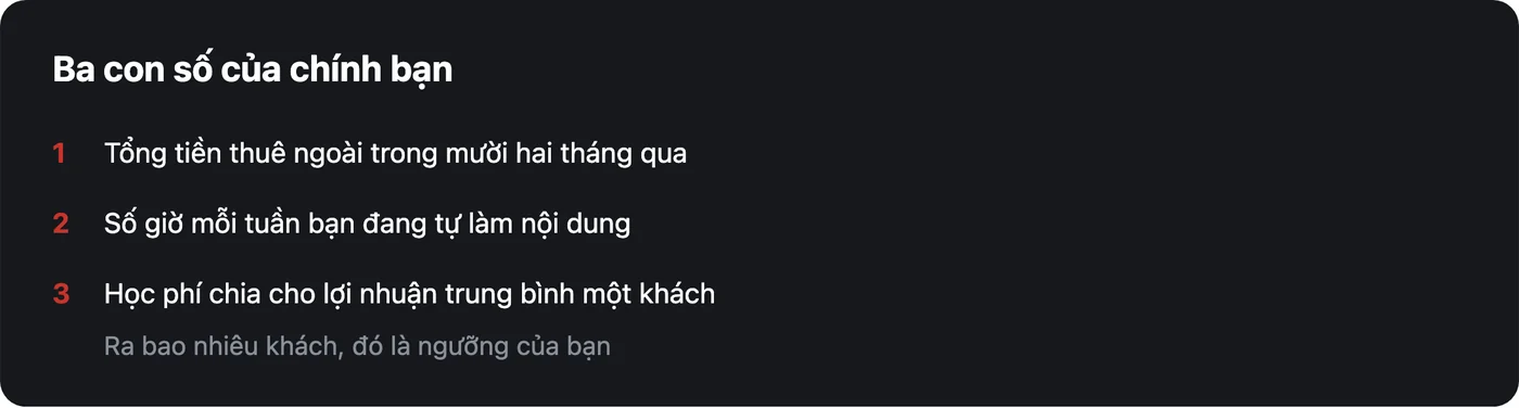 Sơ đồ ba con số chủ cơ sở tự tính: tiền thuê ngoài mười hai tháng, số giờ mỗi tuần và chi phí cơ hội