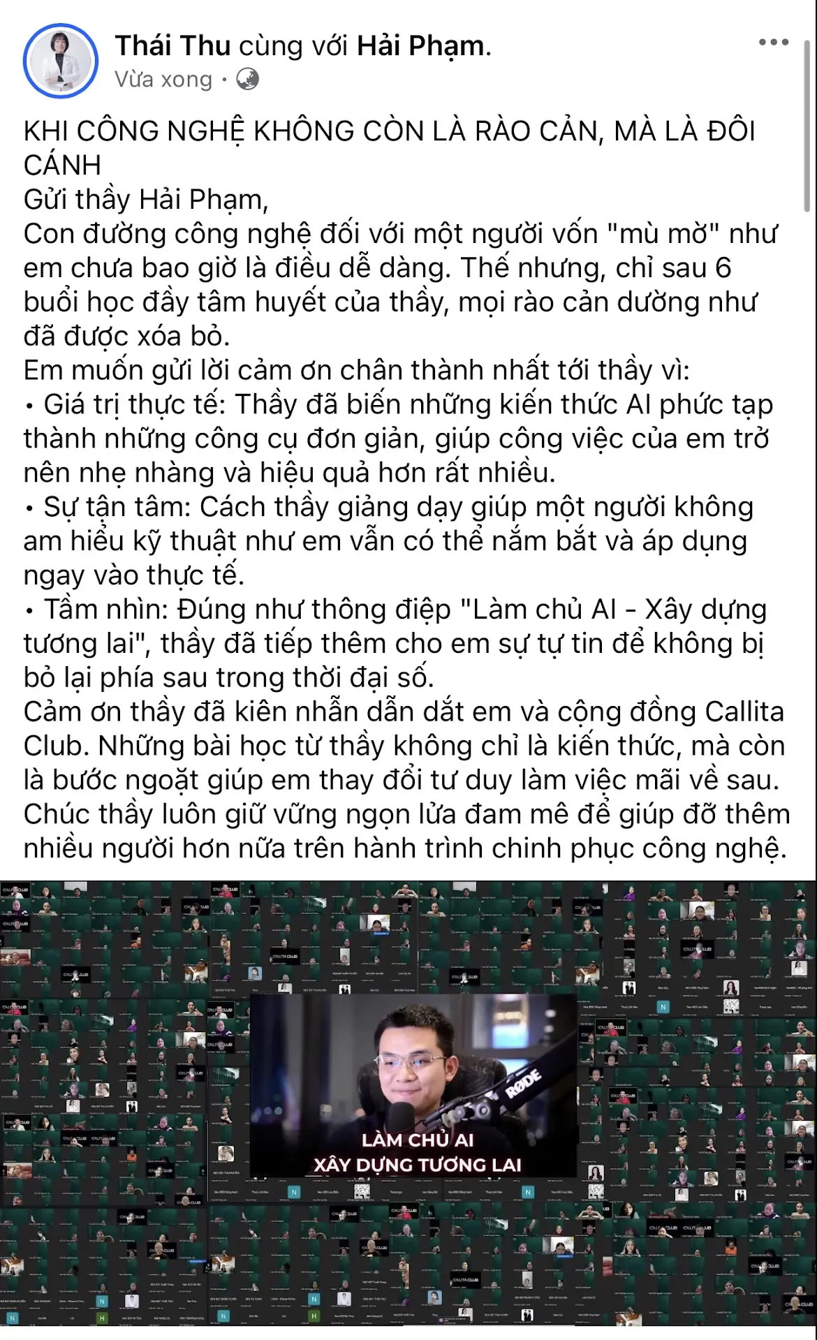 Ảnh chụp màn hình lời học viên tự hào xem bài đăng, không còn nghĩ cái page nó cùi bắp