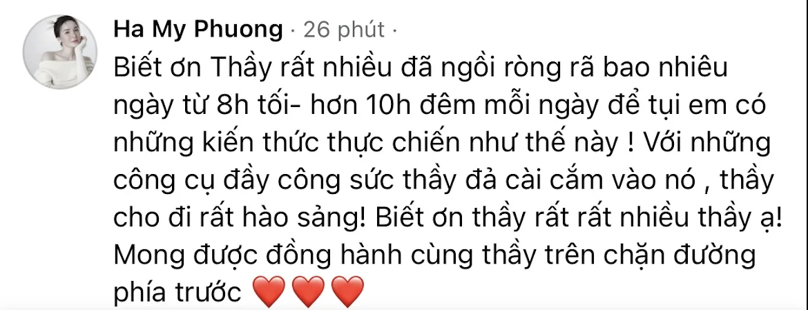 Ảnh chụp màn hình lời học viên đang bình luận dưới bài, tự hào vì cách lưu hồ sơ khách hàng spa chạy đều mỗi ca.